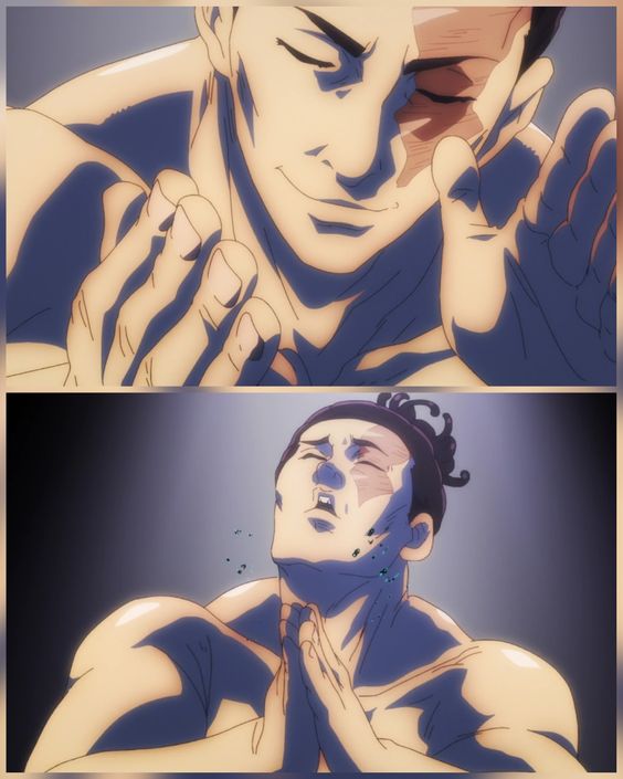 two closeup illustrations of a sumo wrestler in what appears to be two distinct moments of a match. the top image captures a moment of serene focus, the wrestler's eyes closed and hands clasped as if in meditation or prayer. the bottom image likely depicts the aftermath of a powerful move, with the wrestler's eyes open in exertion, mouth slightly agape, and sweat flying from his brow. the dramatic lighting and closeup perspective emphasize the raw physicality and intensity of the sport.