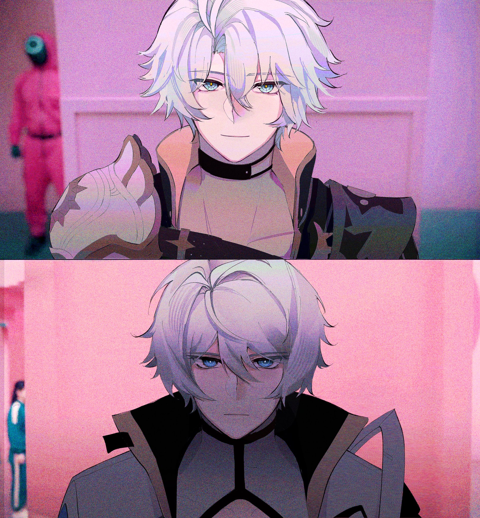 the image features a splitscreen with two panels. both panels depict an animestyle male character with white hair and blue eyes, wearing a uniform with black and gold accents. in the background, the squid game guards in pink jumpsuits are visible. the top panel shows the character with a slight smile, while the bottom panel shows him with a more serious or somber expression. both scenes are set against a pink background reminiscent of the squid game setting.