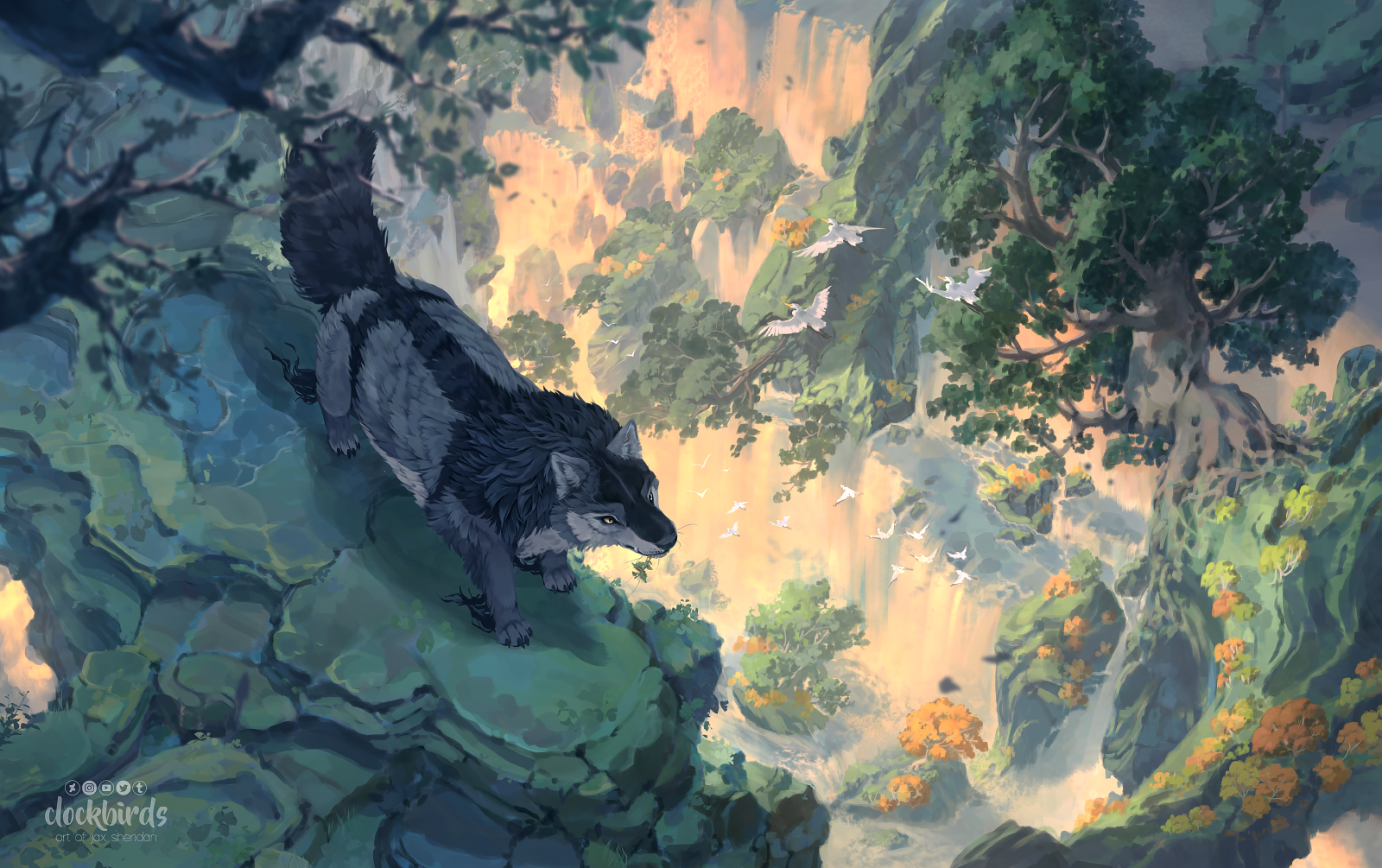 a painting of a wolf standing on a cliff edge, looking out over a vast, misty valley. the valley is filled with lush greenery, waterfalls, and towering mountains in the distance. birds are flying through the air, and the sun is setting in the distance, casting a warm glow over the scene.
