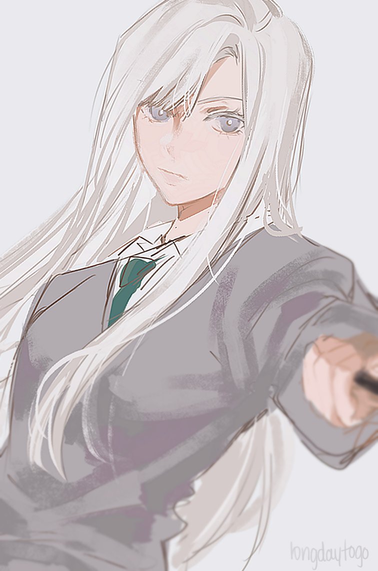 the image is a digital drawing or painting of an animestyle girl. she has long, straight white hair and is wearing a gray school uniform with a teal tie. her expression is serious and she appears to be pointing or aiming something off to the right side of the frame. the art style is loose and painterly, with visible brushstrokes. the overall mood is elegant and mysterious. the artist's signature is visible in the bottom right corner.