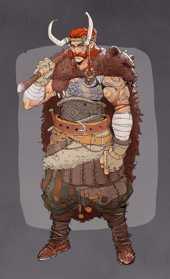 the image showcases a fullbody illustration of a muscular, redhaired viking warrior. he stands confidently against a muted gray background. the warrior is clad in a mixture of furs, leather, and fabric, suggesting a rugged and practical attire.  he carries a large axe on his shoulder, and his body is adorned with tattoos. a bearskin cloak hangs prominently on his back. his expression suggests a battlehardened individual with a hint of mischievousness in his eyes.