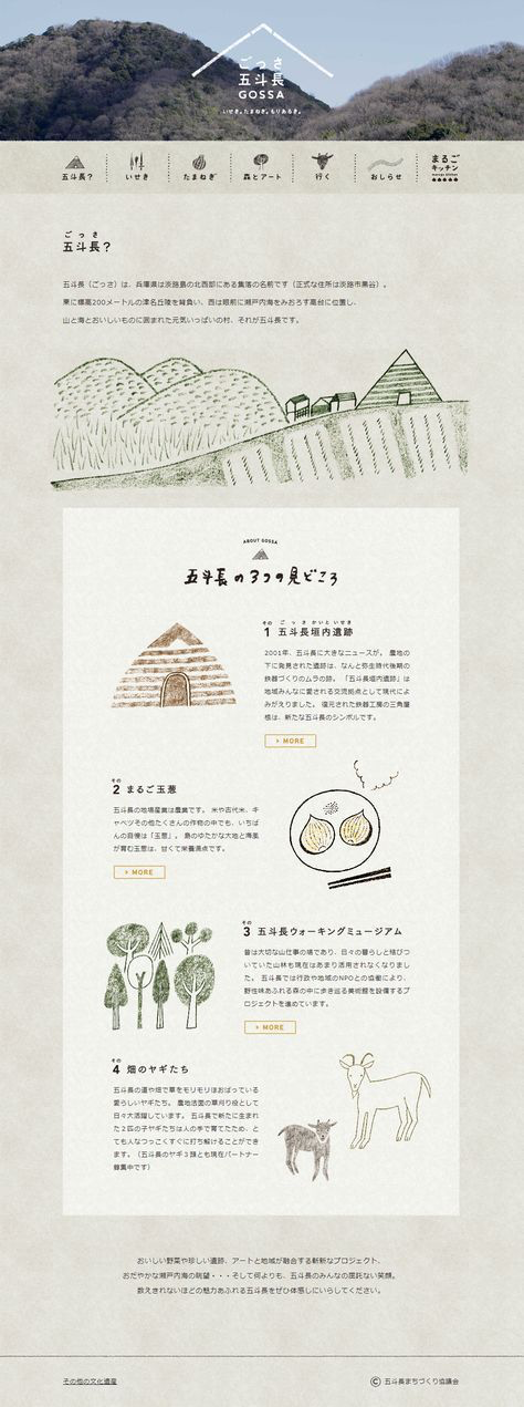 the image shows a webpage about a mountain named "gosha" in japan. the page is written in japanese and has a simple design. the webpage features the name of the mountain, a short description of the mountain, and three highlighted features of the mountain. the image also shows the mountain from a distance with green vegetation.