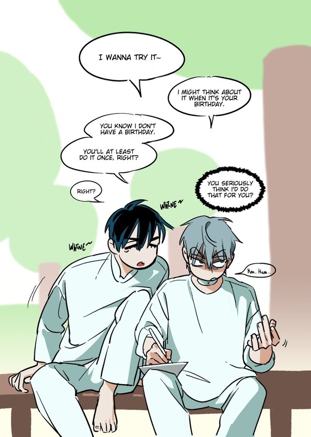 he image is a mangastyle illustration depicting two boys in hospital gowns sitting sidebyside.  they are engaged in a conversation, with speech bubbles containing their dialogue. the dialogue suggests one boy is trying to convince the other to do something, possibly something related to a birthday, with the second boy expressing reluctance. the art style is clean and expressive, with clear character designs and expressive use of speech bubbles to convey the mood and tone of the conversation. the overall aesthetic is cute and playful, though the conversation has some underlying tension.