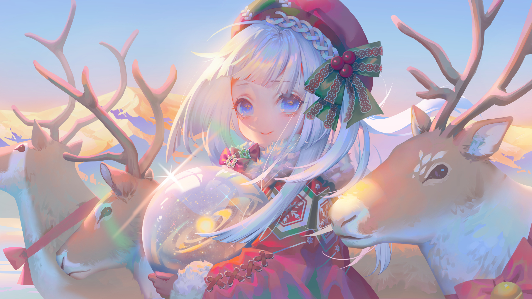 the image is a digital painting of a cute anime girl with long white hair and blue eyes. she is wearing a red christmas dress and a santa hat. she is holding a snow globe and is surrounded by two reindeer. the background is a pastelcolored winter landscape. the overall style is dreamy and magical.