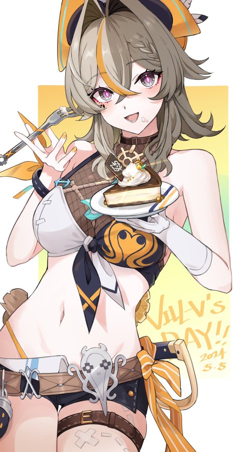 a digitally drawn illustration of a female anime character with long wavy brown hair,  wearing a yellow and black outfit with a bow, a sword, and a belt with a buckle, holding a slice of cake and a fork.  the character has a cute, sweet smile and is standing in front of a background with a yellow and white color scheme, with the text "vulv's day!! 2024 5.5" written on it.