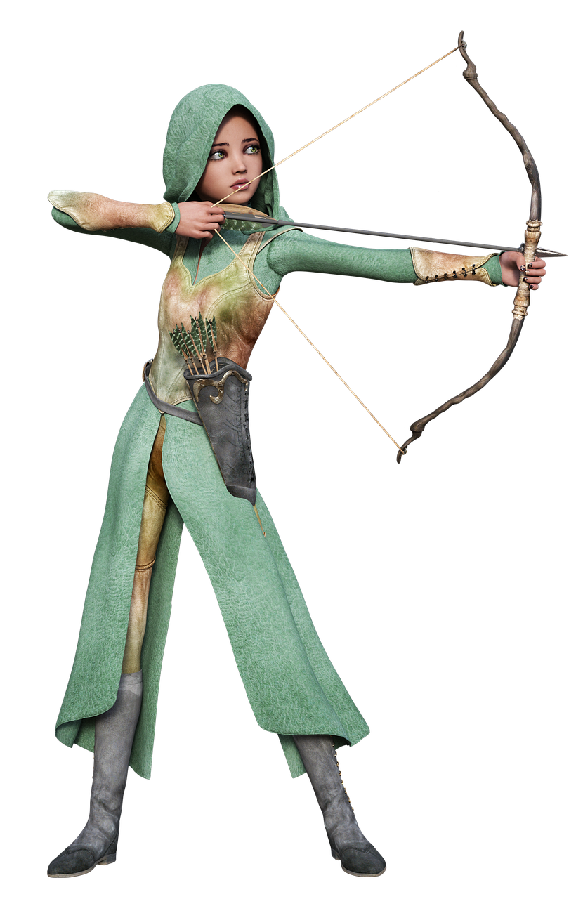 an elf archer stands in a fulllength pose against a black background, drawing back an arrow in her bow, ready to shoot. she wears a green hooded tunic, leather quiver holding arrows, and gray boots.