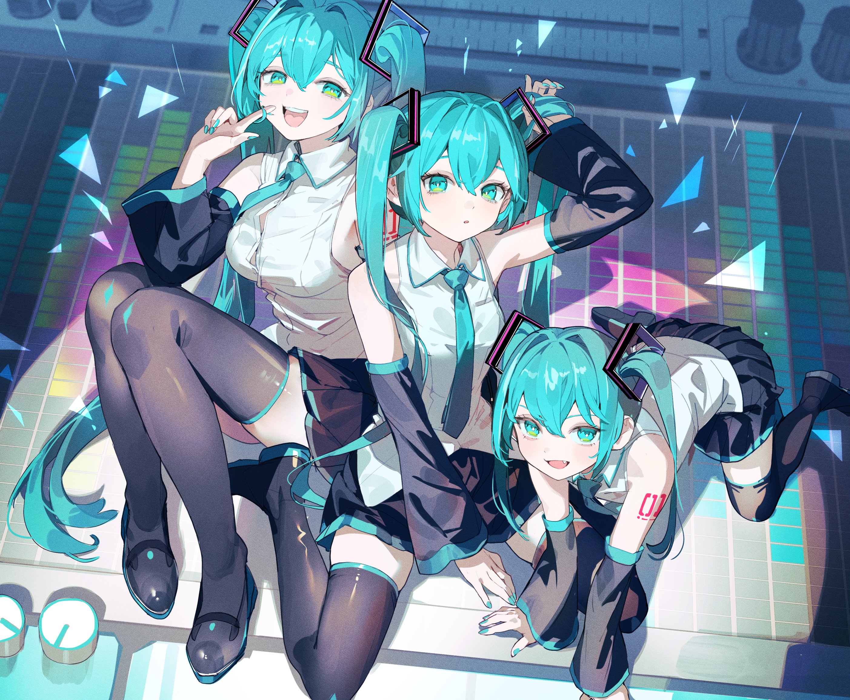 the image is a vibrant digital fanart featuring three versions of the popular anime character hatsune miku. each miku has teal twintails, wears a white shirt and dark skirt, and black stockings and shoes. they are sitting on a colorful surface that looks like a music mixer or studio console. the background includes geometric shapes, adding to the dynamic composition. the artwork is bright and playful, capturing the character's essence in multiple variations.