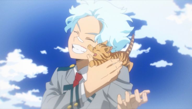 a male anime character with blue hair and a big smile is holding a small orange and white cat in his arms. the character is wearing a white shirt with a green tie and a green jacket over it. they are standing outside in a blue sky with white clouds. the cat is looking up at the character and is purring. the character seems very happy and content to be holding the cat.