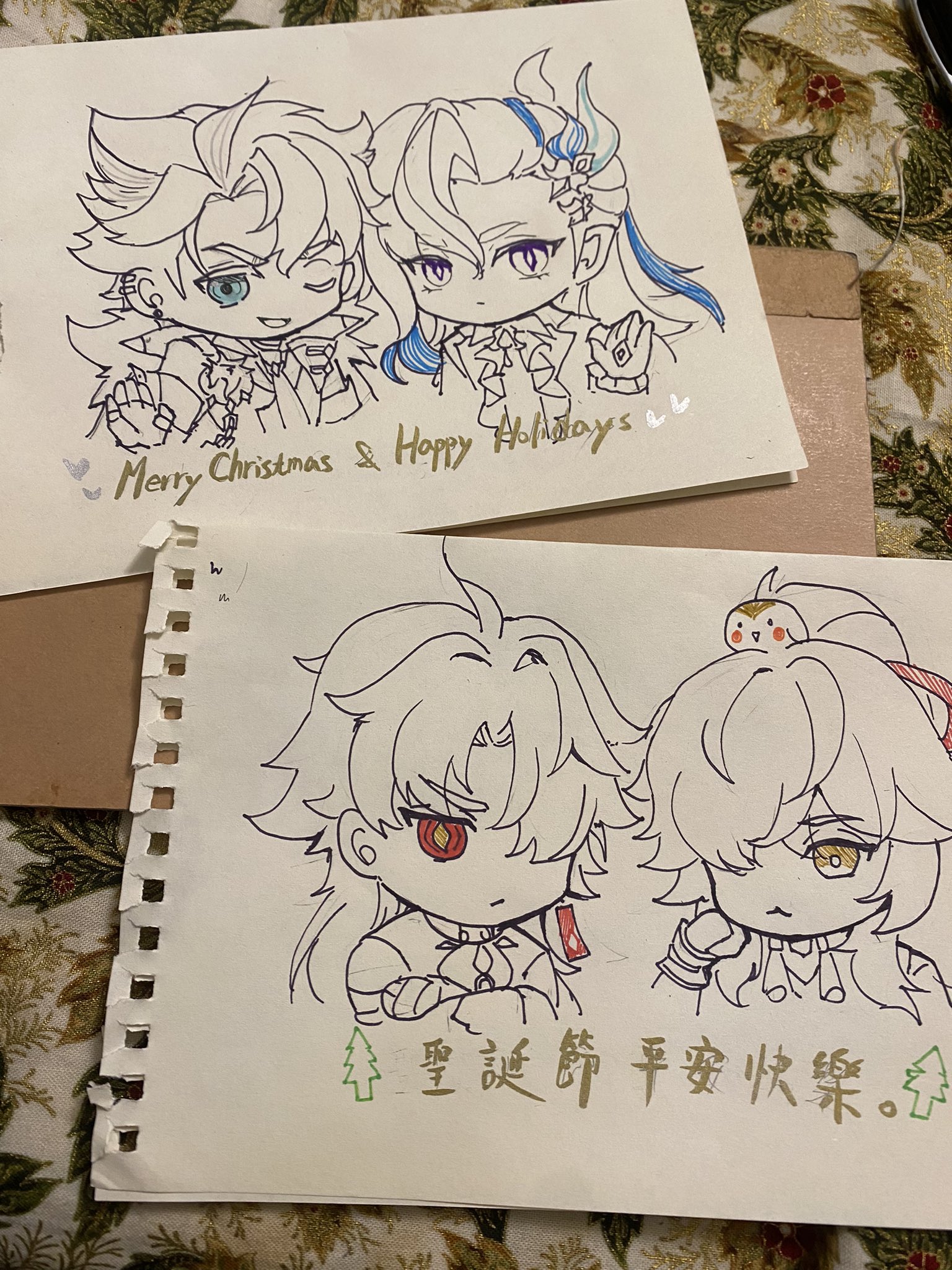 the image features two drawings of animestyle characters. the top drawing shows two male characters with christmas greetings. the bottom drawing has two characters and a peace sign.  the art is handdrawn with black pen on paper. it is a cute and festive image with a warm and friendly feel.
