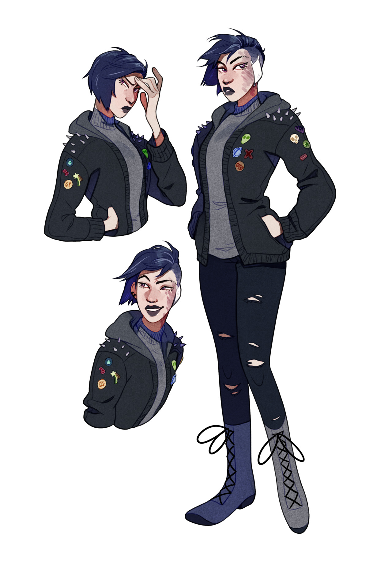 a digital illustration of a female character design in three poses against a plain white background.  the character has short blue hair with shaved sides, dark lipstick, and a cyborg plate on the side of her head. she is wearing a black jacket with pins and patches, a grey sweater, black ripped jeans and blue laceup boots.