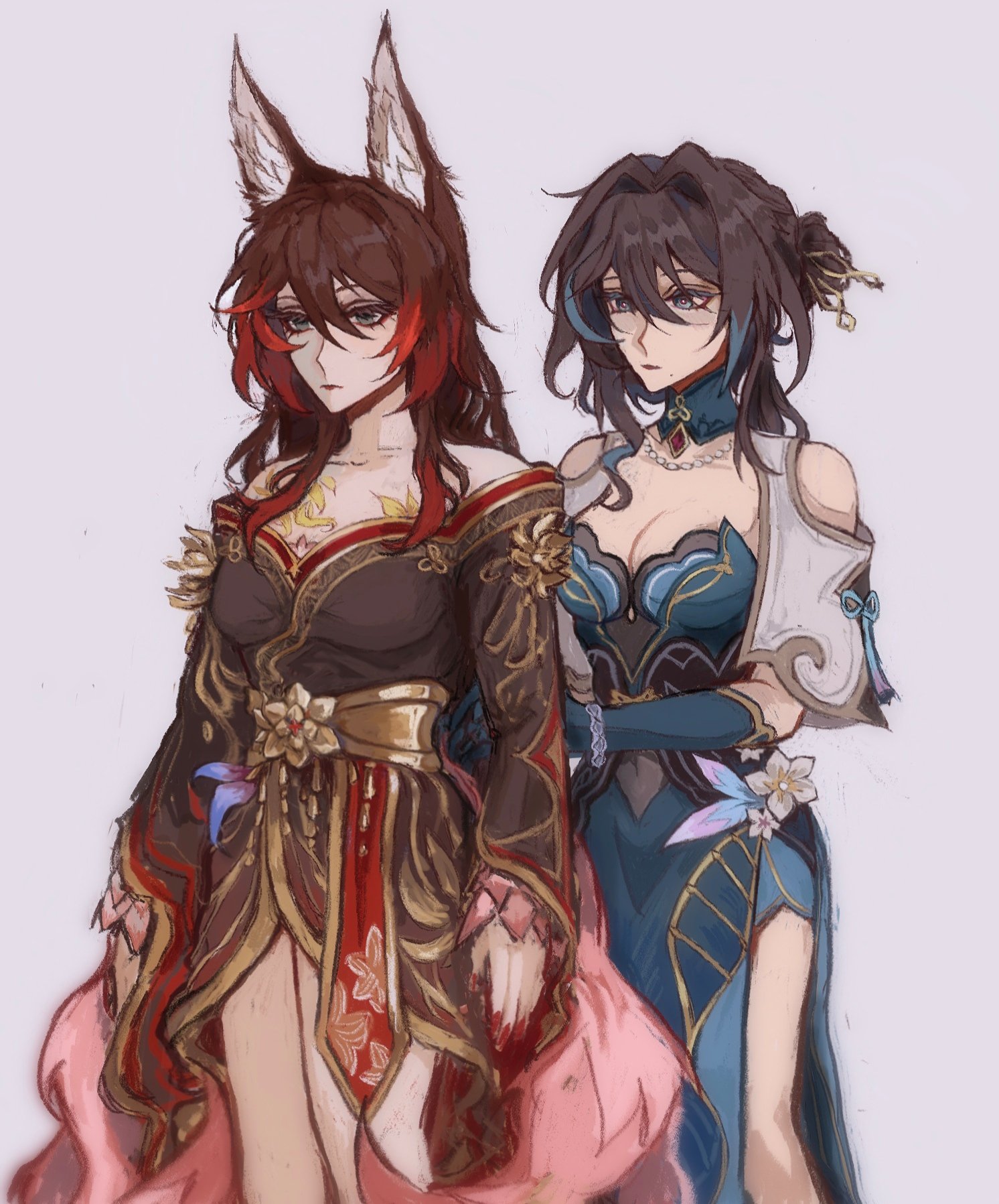 the image is a digital fanart depicting two female characters from the video game genshin impact, yaemiko and sangonomiya kokomi.  they are standing close together, yaemiko on the left with fox ears and a richly detailed kimonostyle dress in dark reds, golds, and browns. kokomi is on the right, wearing a flowing, elegant teal and blue dress with a more open neckline and white accents.  both characters are depicted in a style consistent with anime and have long hair. the overall art style is soft and painterly. the background is a simple, muted grey, focusing attention on the richly detailed clothing and characters.  the piece suggests a close relationship or friendship between the two characters.