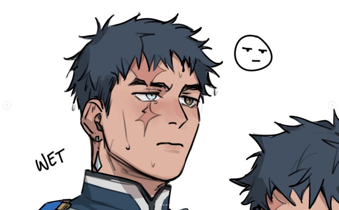 a stylized drawing of a young man with dark hair and blue eyes. he has a scar across his face and is sweating, with the word "wet" written next to him. he seems tired and slightly annoyed.