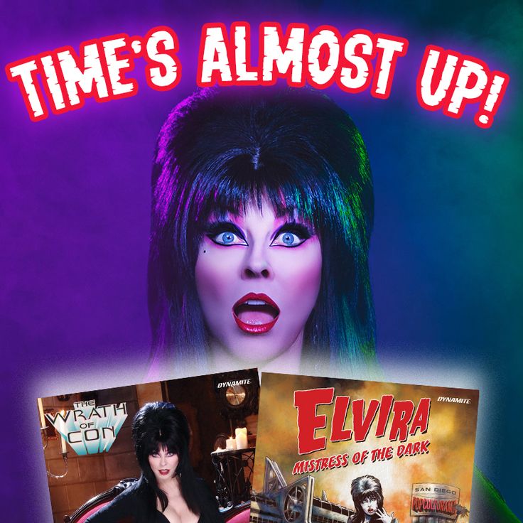 the image is a digital illustration featuring elvira, mistress of the dark, a famous horror character from the 1980s and 1990s. she is depicted with her signature black hair, red lips, and black dress, with the text "time's almost up!"  in large, bold letters above her. there are two comic book covers  partially visible behind her, both featuring elvira as the main character. the overall tone of the image is fun and spooky,  evoking a sense of halloween and retro horror.  the bright colors and bold lines create a vibrant and eyecatching composition.