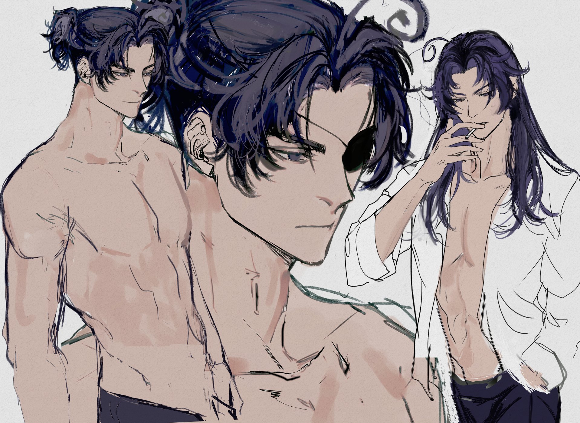 the illustration features an anime male character with black hair, wearing a white shirt and an eyepatch. he is looking at the viewer with a cool expression, holding a cigarette in his hand. he has a muscular physique and a stylish hairstyle. the image is drawn in a sketch style, with lines and shading used to create the character. the overall tone of the illustration is cool and sophisticated, and it portrays the character as someone who is both confident and mysterious.