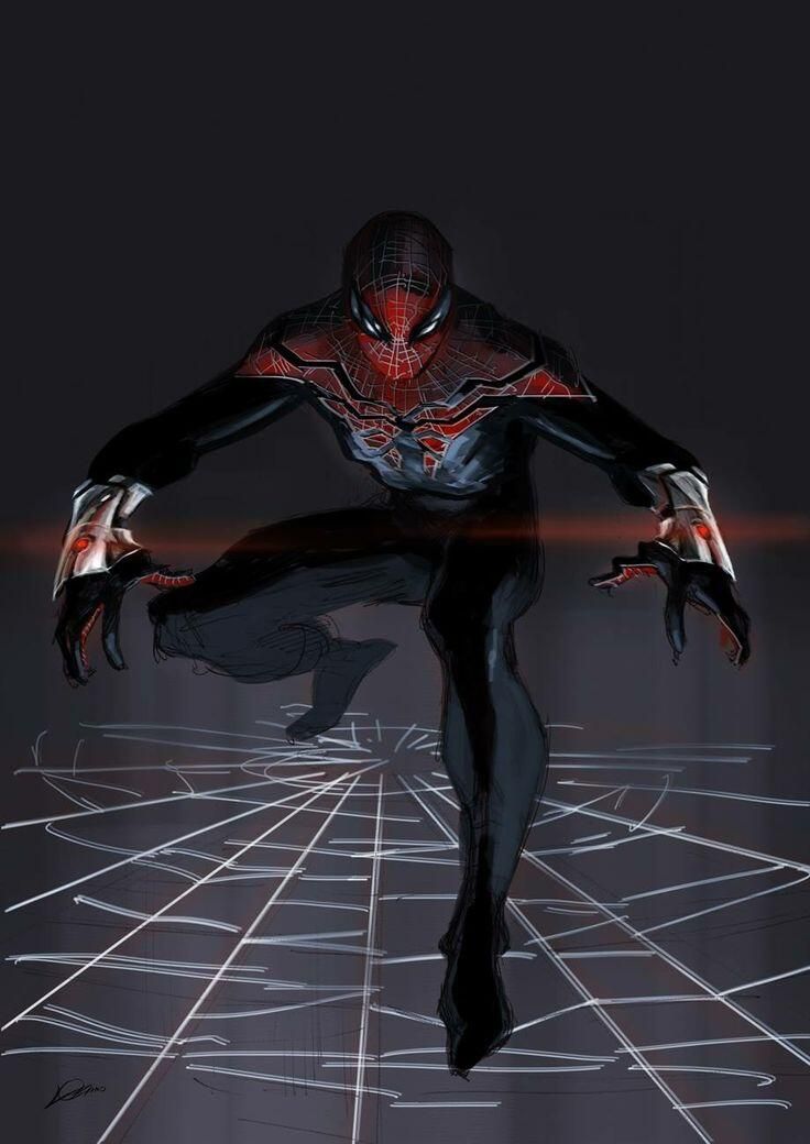 a drawing of spiderman in his black and red costume, webshooters on his wrists, standing in a webbed environment. his mask is red and black, with visible white eyes. his body language is heroic and powerful.