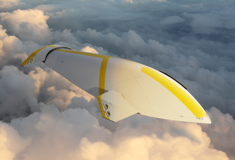 a futuristic, white and yellow airplane flies above the clouds. the airplane has a sleek design with a large wingspan and a pointed nose.  the airplane is flying over a field of white clouds. the sky is a light blue color. the plane is rendered in 3d and looks very realistic.  the airplane is a concept design and would be used for commercial air travel.