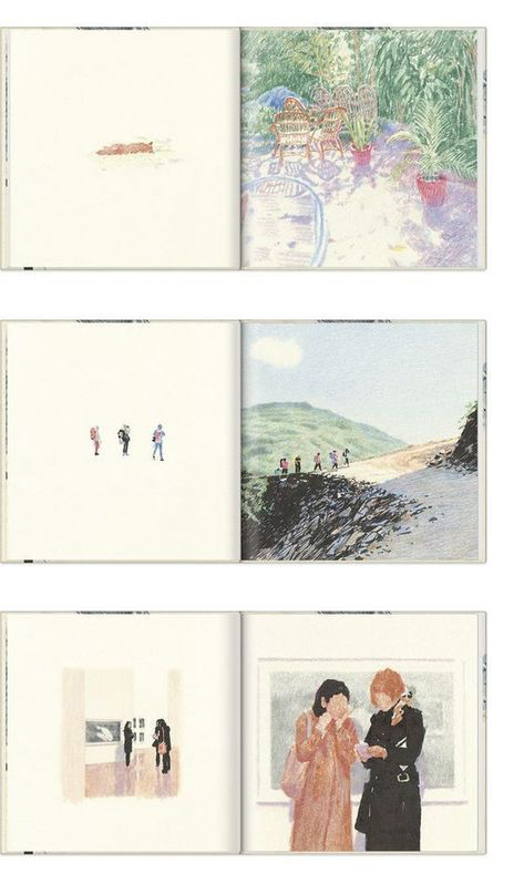 a book with different artistic spreads in watercolor paintings with minimalist subjects, including abstract, interior, and landscape paintings.