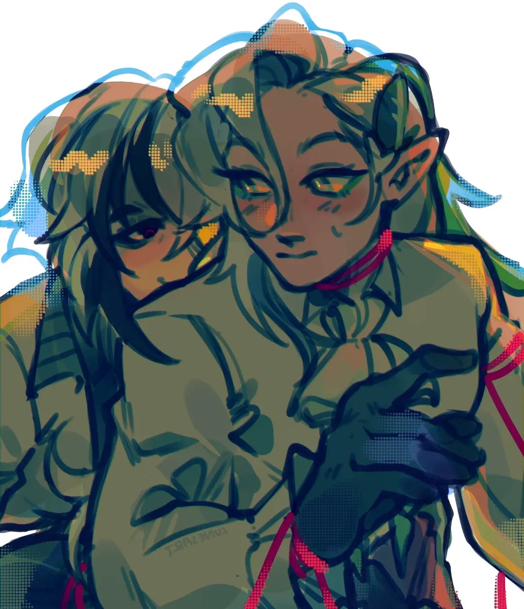 the image is a vibrant digital fanart depicting two characters in an affectionate embrace.  the style is loose and expressive, with visible brushstrokes and textural elements creating a dynamic feel. one character appears to have elflike features and green hair, while the other has darker hair.  they're drawn in a closeup view, emphasizing their intimacy.  red strings or threads appear to tie the two together, further suggesting a close bond. the overall aesthetic leans towards fantasy and features a striking use of color. the style is reminiscent of modern stylized illustration or animation. the characters bear a strong resemblance to characters from "the owl house", specifically hunter and willow, suggesting that this artwork is fanmade.