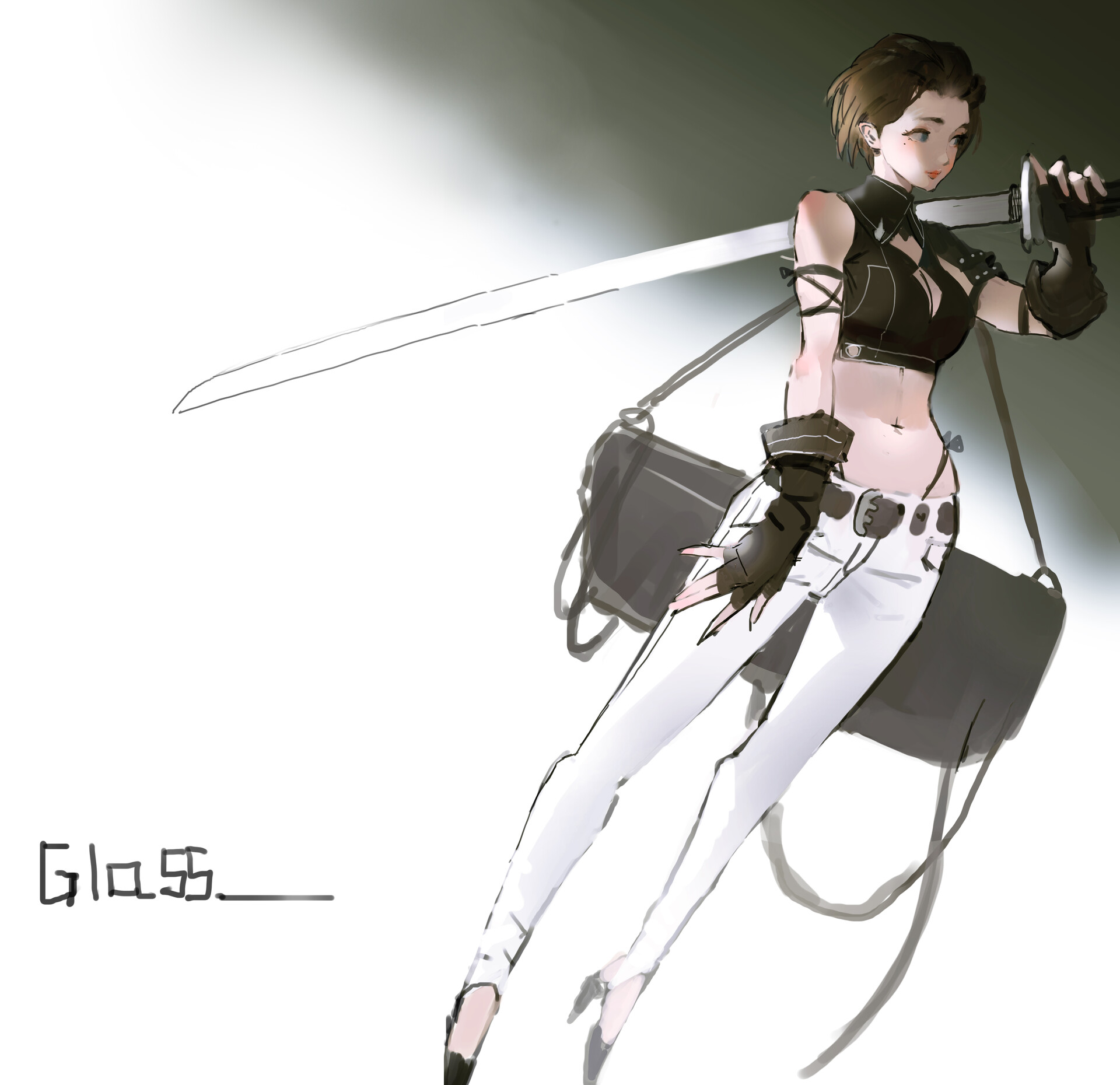 a drawing of a woman holding a sword. she is wearing a black top, white pants, and gloves. she has short hair and a satchel bag is hanging from her shoulder.