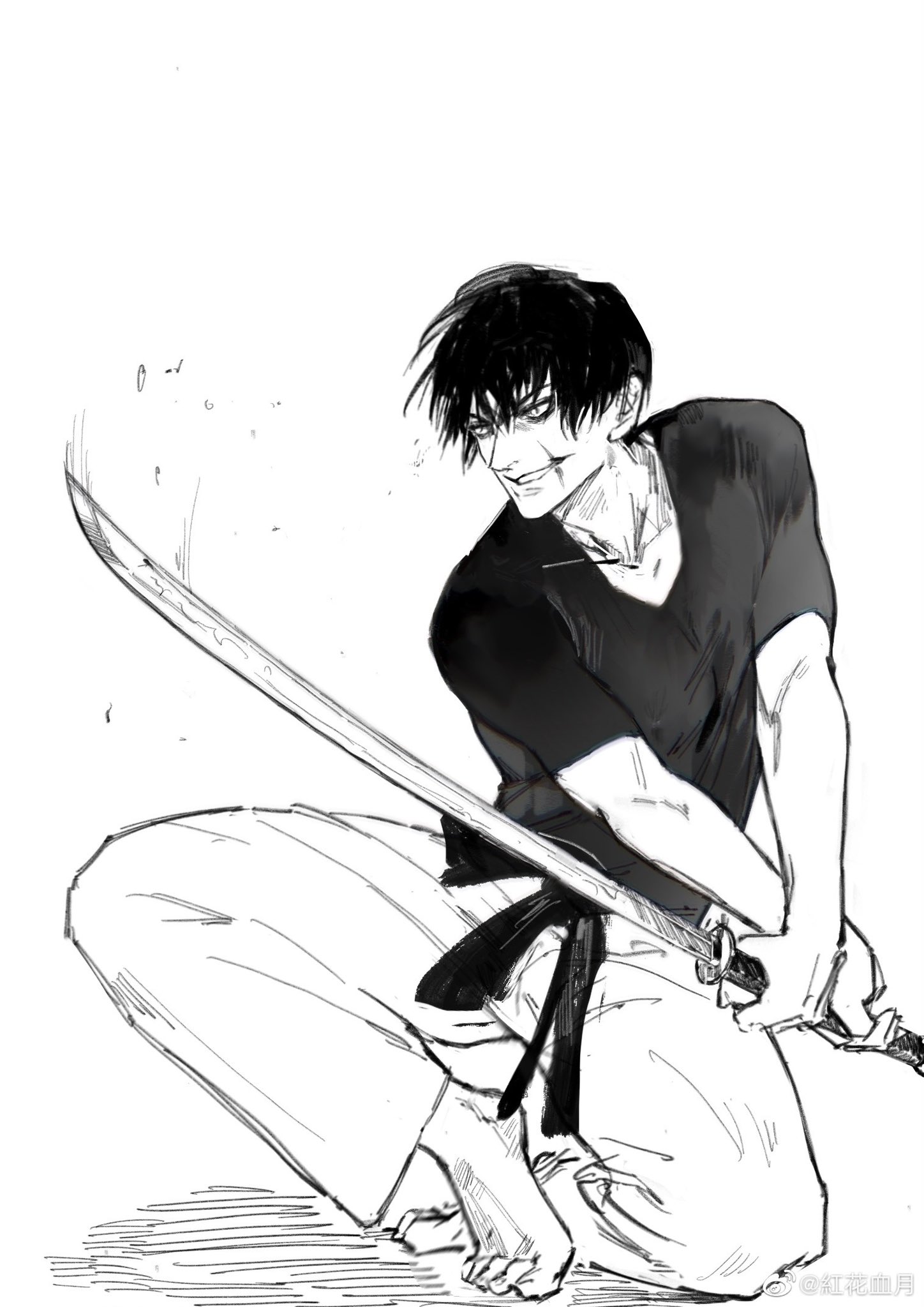 a black and white sketch of a man in hakama wielding a katana sword. he is in a low fighting stance and has a menacing expression on his face. the sketch has a dynamic and energetic feel, with swift strokes and hatching to create depth and movement.