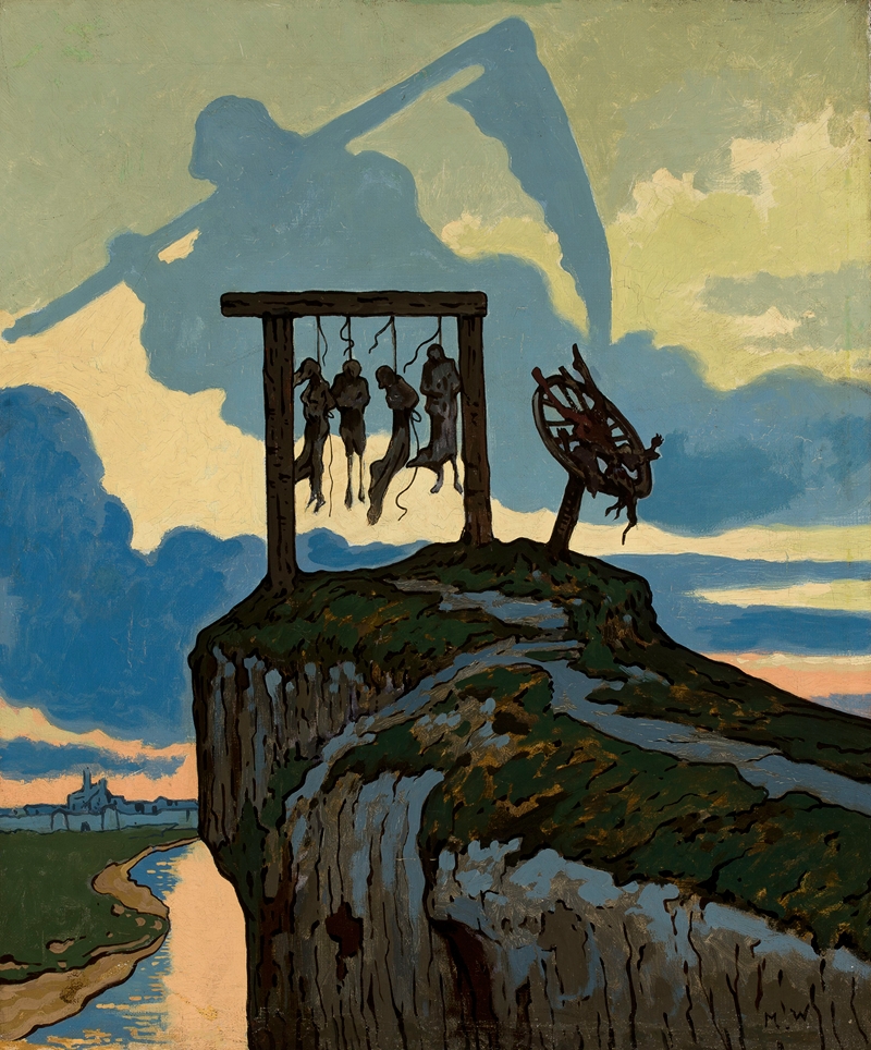 the painting depicts a grim scene of four bodies hanging from a gallows on a cliff. to the right of the gallows is a broken wheel of fortune. above, a shadow of death wielding a scythe looms over the scene. in the background, a river flows towards a building. the sky is filled with clouds.