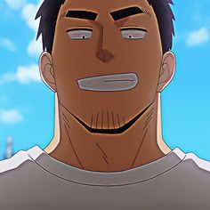 the image shows a closeup drawing of a muscular man with short dark hair and a goatee. he is smiling and has a friendly expression. he is wearing a white tshirt and the background is a bright blue sky with some clouds.