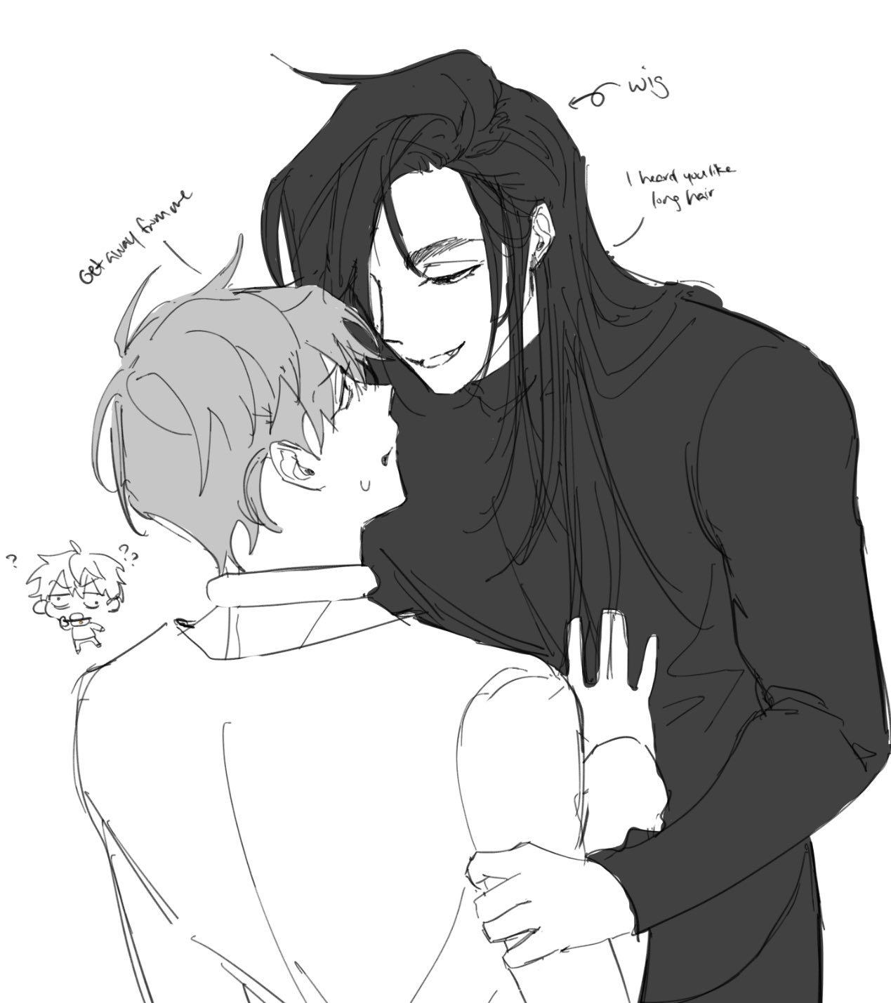 this is a digital illustration of two anime boys. one of the boys has long black hair and is holding a shorter haired boy. they are both smiling and look like they are in love. the boy with short hair is wearing a white collared shirt. the other boy is wearing a black shirt. they appear to be cuddling. there is a little doodle of another boy in the bottom left corner.
