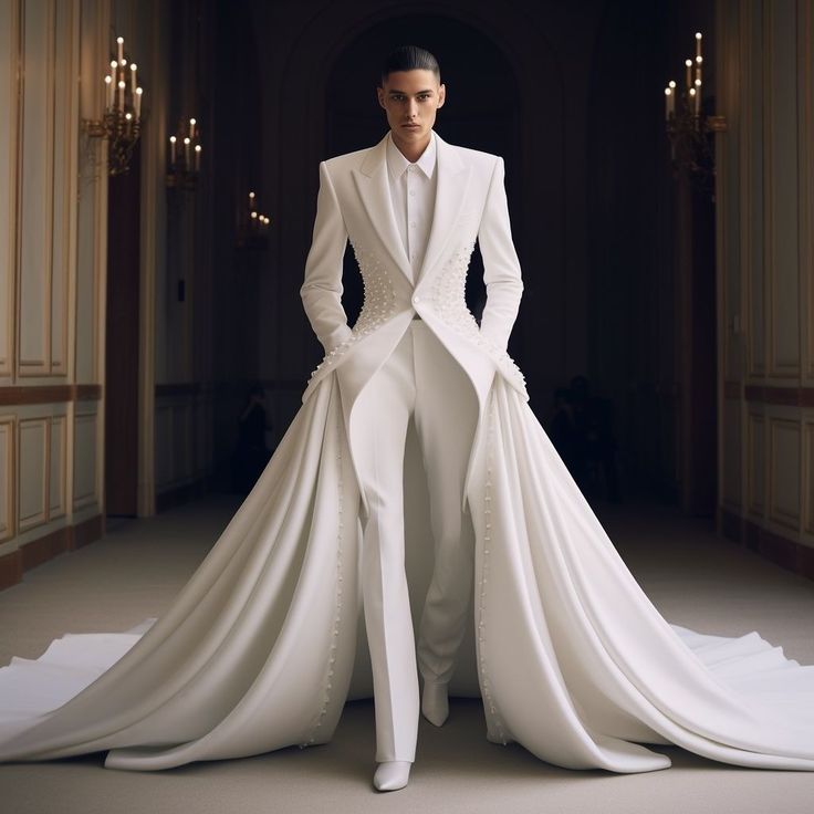 a male model stands in a long hallway, wearing an allwhite suit. the suit consists of a jacket, shirt, and pants, all in white. the jacket has sharp, structured shoulders and a fitted bodice with pearl embellishments. the pants are straightlegged and anklelength. a long, flowing white train extends from the back of the jacket, creating a dramatic effect. the model has his hands in his pockets and is looking directly at the camera. the background features ornate architecture and warm lighting.