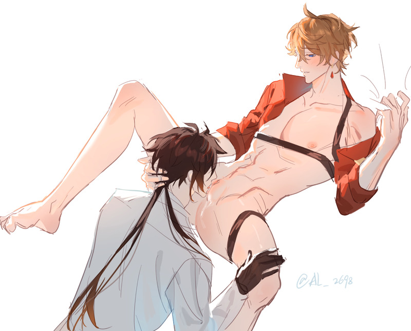 the image is a digital painting or illustration in an anime/manga style, depicting two young men in a sexually suggestive embrace. one man with blonde hair is lying on his back, partially nude, wearing a red jacket and a harness. the other man, with dark brown hair, is kneeling and is partially obscured from view as he appears to be performing oral sex on the other. the style is soft and sensual, with loose brushstrokes giving it a somewhat dreamy quality. the background is plain white, drawing all focus to the figures. the overall vibe is intimate and suggestive.  the image contains explicit content.