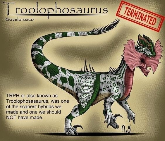a digital illustration of a troolophosaurus, a fictional dinosaur hybrid, is depicted in this image. the creature is characterized by its green, white, and pink patterned skin and its fearsome appearance, including sharp claws and teeth. the caption indicates that the creature was considered one of the scariest hybrids ever created. the art style is a mix of realism and fantasy, showcasing the creature's fearsome features with intricate details.  the image is titled "troolophosaurus" and the artist's signature "aso" is present at the bottom right corner. the image is a blend of reality and fiction, capturing the essence of a creature that has been created through the mixing of different species. the overall effect is that of a creature that is both fascinating and terrifying.