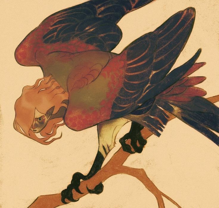 he image is a digital painting or illustration of a harpy, a mythical creature that is part woman and part bird.  the harpy in the picture has long reddishorange hair, fair skin visible on her face, and pointed ears. her body is mostly covered by large, darkcolored wings with reddishbrown and black feathers, displaying intricate detail. the wings are partially spread, and she appears to be perched on a branch. her expression is somewhat serious and contemplative. the overall style is artistic and stylized with a slightly muted color palette, giving a slightly vintage or antique feel to the image. the background is a simple, light beige. the focus is on the creature, and the detail of the feathers and the overall composition create a sense of depth and movement.