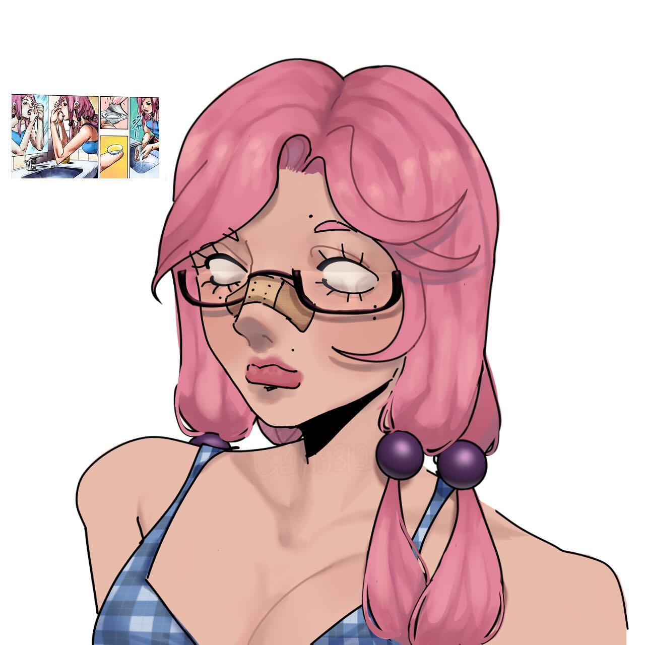 the image is a digital drawing of a young woman with pink hair styled in pigtails adorned with dark purple beads. she's wearing glasses and a blue and white checkered sundress.  a noticeable bandaid covers her nose, suggesting an injury.  her eyes are drawn in a style that conveys a slightly dazed or vacant expression.  in the upper left corner is a small inset showing a comicstyle sequence of images, possibly depicting the events leading up to her injury or a process related to her appearance (like putting in contacts). the overall style is anime or mangainspired, with soft pastel colors and a cute yet somewhat melancholic mood.