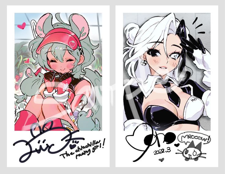 the image shows two anime girls. the girl on the left is a pink haired girl in a pink dress, with a red headband and holding a white mouse. the girl on the right is a white haired girl with black and white clothing, holding a black cat. both girls are illustrated in a cartoon style. the image has two signatures at the bottom. the girl on the left is signed "juic," and the girl on the right is signed "ono."