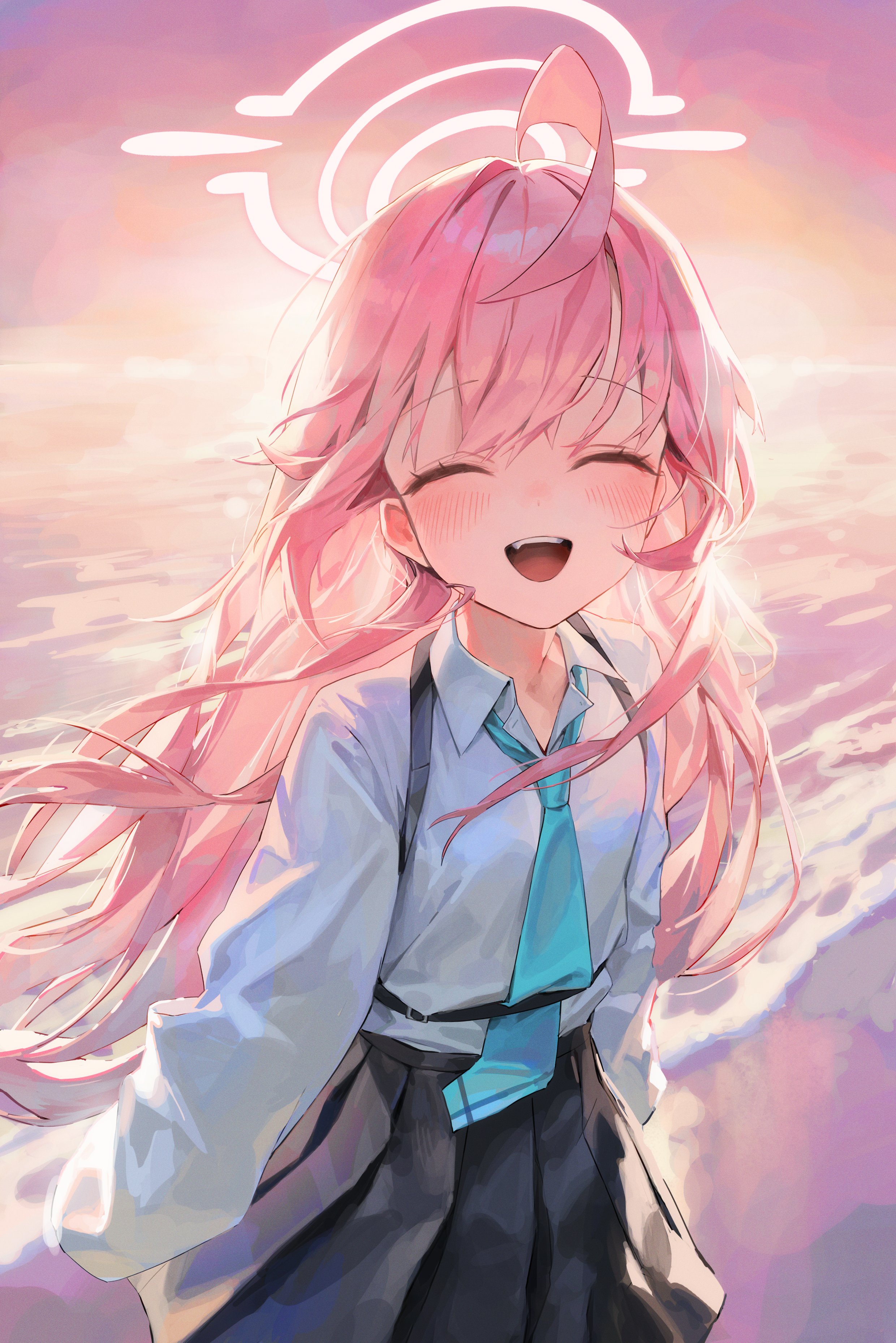 the illustration showcases a young anime girl with long, flowing pink hair standing on a beach at sunset. she's wearing a school uniform consisting of a white shirt, a teal tie, a darkcolored skirt, and a black undershirt. she's smiling brightly with her eyes closed, and a glowing halo floats above her head, adding a touch of otherworldly charm to the scene. the warm, soft lighting of the sunset creates a serene and peaceful atmosphere. the background features a tranquil ocean with gentle waves lapping at the shore.