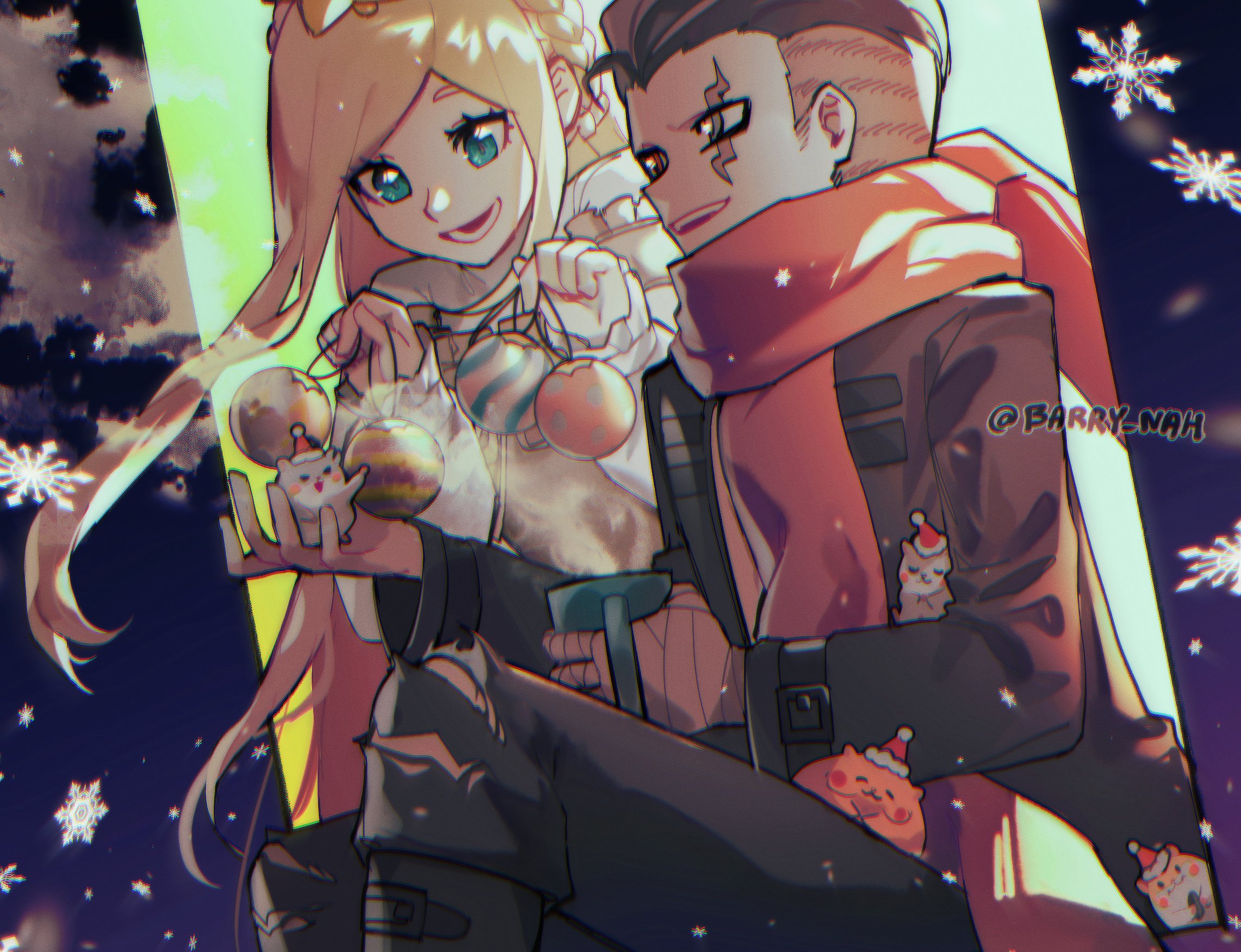 the image is a digital painting of a young couple celebrating christmas. the woman is wearing a white dress with a red ribbon and the man is wearing a red and black jacket with a white scarf. they are both holding christmas ornaments and the woman is also holding a small white cat with a santa hat. in the background, there is a blue night sky with snowflakes falling. the scene is full of love and warmth, and it depicts a sweet and intimate moment between the couple.