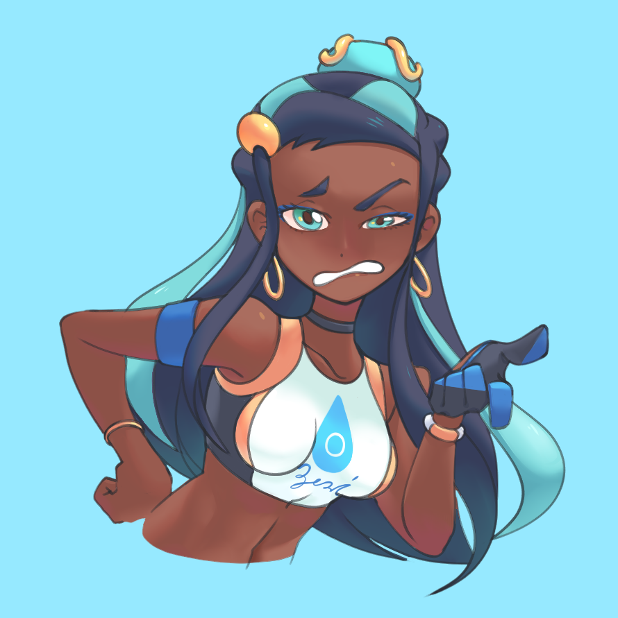 this is a digital illustration of a young woman. she has black and blue hair styled with a gold headband. she is wearing a white crop top with a blue teardrop logo.  her skin is brown and her eyes are blue with black eyeliner.  her expression is angry and she is pointing to the right with her right hand. her background is light blue.