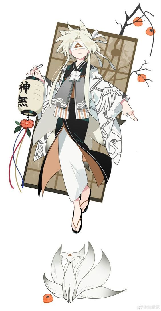 the illustration showcases a young adult character, likely a kitsune (fox spirit) from japanese mythology, set against a minimal background. they are adorned in a flowing white and black kimono with orange accents, holding a traditional japanese lantern decorated with red tassels and flowers. the character appears to be levitating slightly above the ground, with their ninetailed fox companion depicted beneath them. the color palette is soft and elegant, with a focus on white, black, and orange hues, reflecting a traditional japanese aesthetic. the overall ambiance of the image suggests tranquility and mystical power.