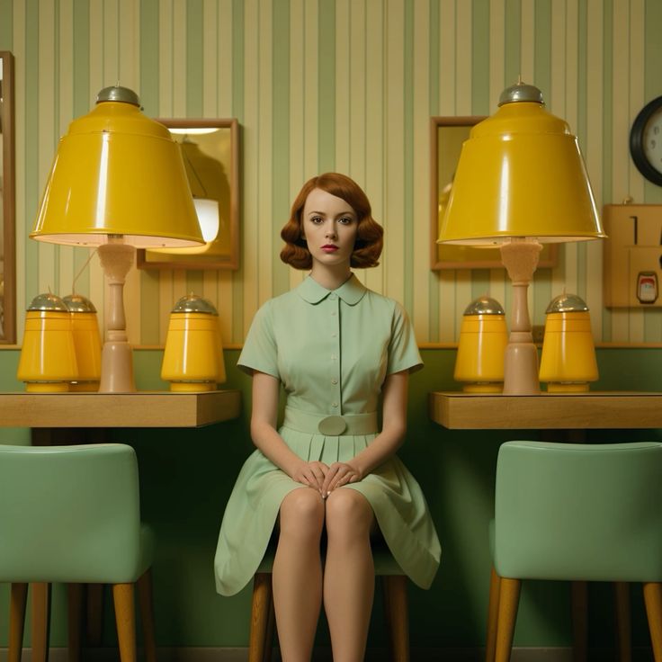 a woman in a green dress sits between two chairs in a retro diner. she's surrounded by yellow lamps and a vintage aesthetic. the photo captures a 1950s style with a model looking elegant and fashionable.