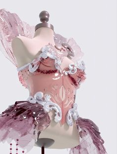 this is a 3d rendering of a pink, sculpted bodice with intricate floral designs. it has translucent elements and appears to be made of glass or a similar material. the bodice is displayed on a headless mannequin against a minimalist white background.
