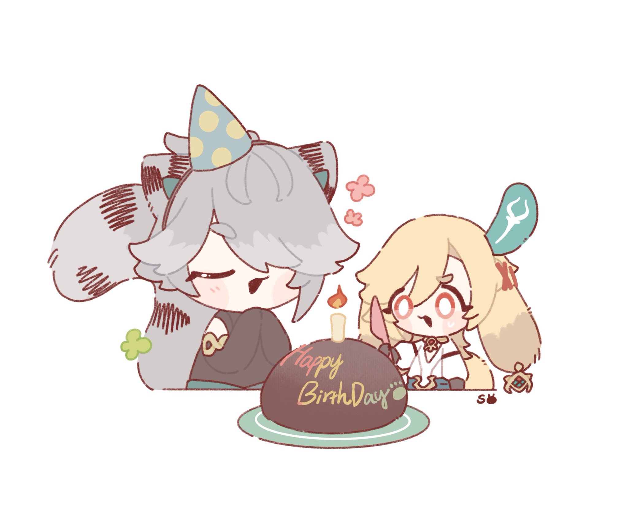 this is a cute chibistyle illustration of two animestyle characters celebrating a birthday. one character, resembling raiden shogun from genshin impact, wears a party hat and seems pleased. the other character, resembling nahida from genshin impact, holds a knife, perhaps ready to cut the birthday cake. the cake is round and dark brown with "happy birthday" written on it. the style is soft and pastelcolored, evoking a feeling of happiness and friendship. the background is plain white, emphasizing the characters and the cake.