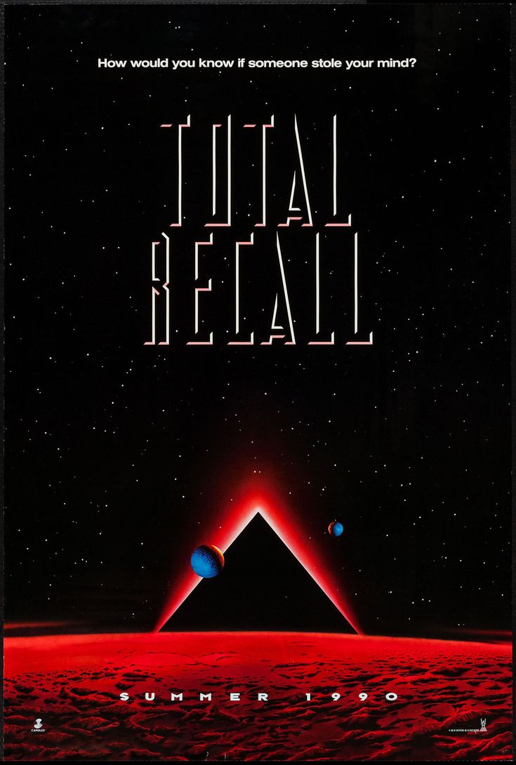 a movie poster for the 1990 science fiction film total recall, starring arnold schwarzenegger. the poster features a black background with a red planet in the foreground and a large pyramid in the center. the title of the film, total recall, is written in white text with red outlines. the tagline, "how would you know if someone stole your mind?" is also written in white text with red outlines.