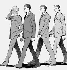 a black and white sketch of four men in suits walking.