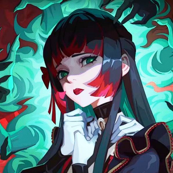 the image is a vibrant and stylized digital painting or illustration of an animestyle female character. she has long, dark hair with striking red highlights, styled in a way that partially obscures her face. her eyes are a bright green, and she's wearing dark clothing with red accents.  she has fair skin and is wearing white gloves. her expression is serious and slightly mysterious.  the background features swirling teal and darker, almost shadowy, shapes that contrast with the character's bright colors and create a sense of depth and mystique. the overall style is reminiscent of concept art for a video game or a fantasy novel.
