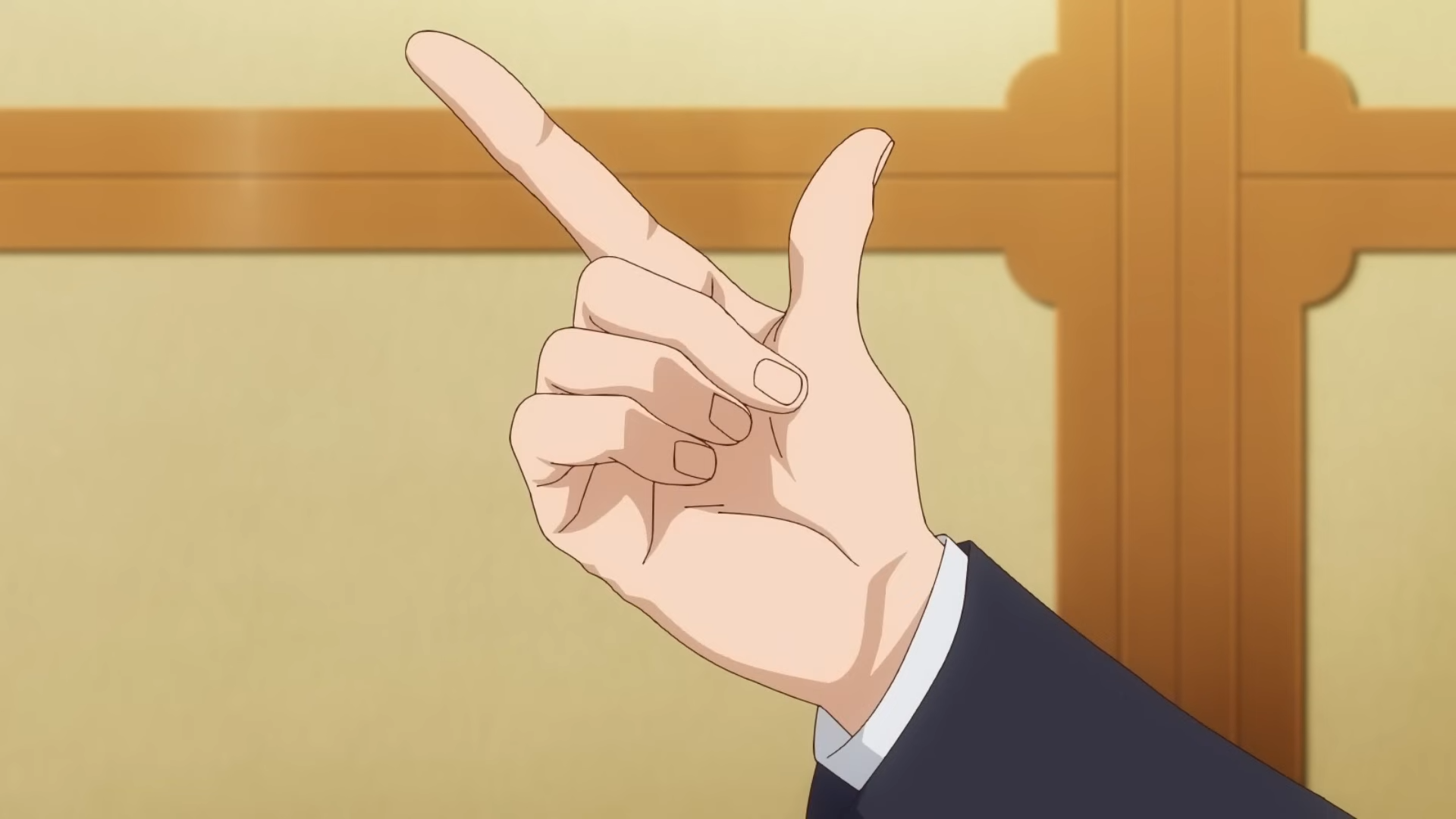 a closeup shot of an anime character's hand making a finger gun gesture. the hand is fairskinned and wearing a darkcolored suit jacket. the background is a soft yellow with a wooden frame. the lighting is soft, giving the image a warm and inviting feel.