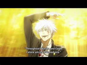 a man with white hair in a black suit stands in front of a bright yellow background, with his right hand behind his head and his left hand gesturing, delivering a powerful monologue.  he has a confident, almost evil, look on his face. the scene is brightly lit, with a dramatic feel.