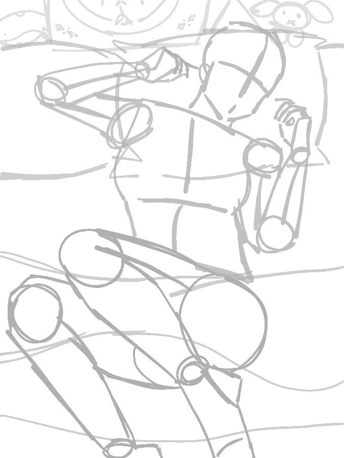 a line drawing sketch of a person sitting down with their knees bent and one arm resting on their leg while the other is bent at the elbow and resting near the face.  the person has long hair and is sitting in a relaxed pose.