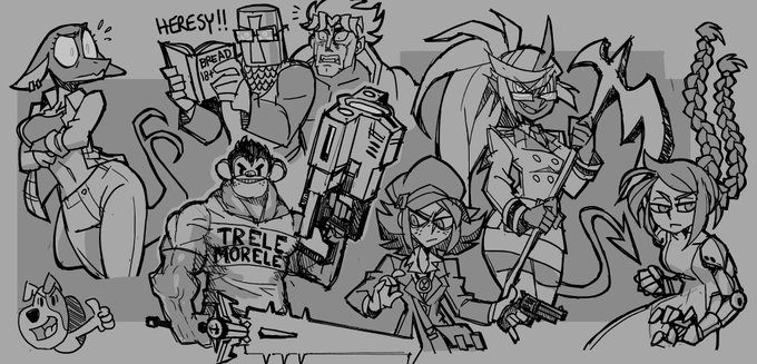 a collection of black and white character sketches on a grey background, featuring a variety of creatures in dynamic and expressive poses. the style is loose and energetic, suggesting a range of personalities and potential narratives.  included are a knight with a "bread is a lie" book, a demon, a gunwielding girl, a powerful woman with flowing hair, a buff monkey man holding a large gun, and other unique individuals.