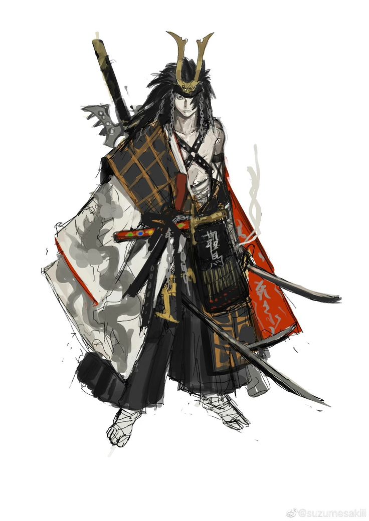 the image is a stylized digital painting or illustration of a samurai warrior. the artwork depicts a slender, paleskinned male figure with long dark hair, adorned in a traditional japanese outfit.  his attire includes a flowing kimono, a haori (overrobe) with red and black patterns, and a distinctive horned helmet. he carries multiple katanas (swords) and wakizashi (short swords), which are sheathed on his hip and back. the overall style is a blend of traditional japanese aesthetics with a more modern, slightly painterly and less detailed approach. the background is a plain white, focusing the attention entirely on the character and his weaponry. the artist's signature or handle, "suzumesaki," is visible in the lower right corner. the piece possesses a dramatic and slightly enigmatic mood.