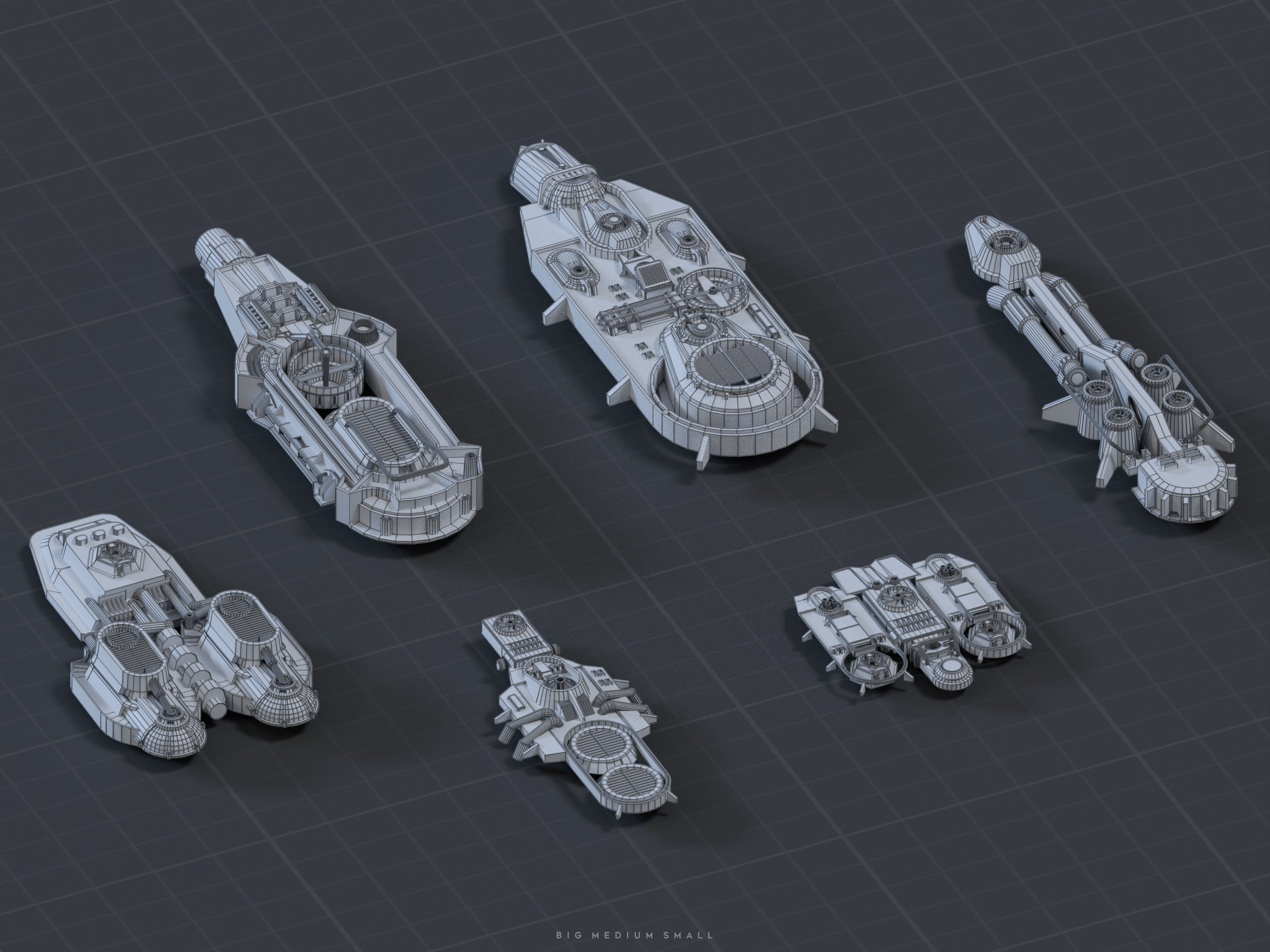 the image showcases six different spaceship designs in wireframe form, laid out on a gridded background.  the ships vary in size and shape, with a caption at the bottom indicating a size scale ("big medium small").  the wireframe style reveals the detailed structure and design elements of each vessel, likely representing concept art or a 3d modeling stage in their development.  the overall aesthetic is clean, technical and futuristic.
