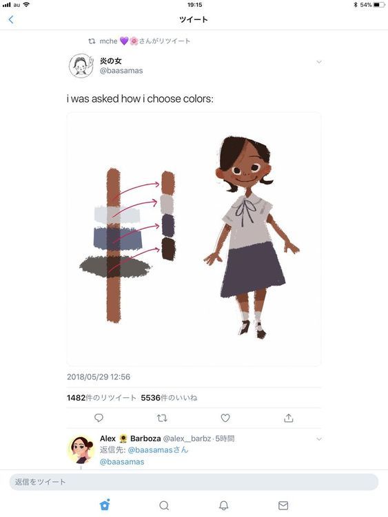 this is a screenshot of a twitter post showing an illustration of a young cartoon girl, a color palette, and a caption about the artist's process of choosing colors. the user @baasamas has explained how they pick colors for their artwork.  the tweet was liked 5536 times and retweeted 1482 times.  the user @alex_barbz also tweeted a reply.